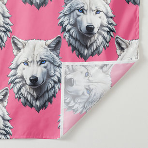 Tela Diseño de patrón de cabeza de lobo blanco rosa