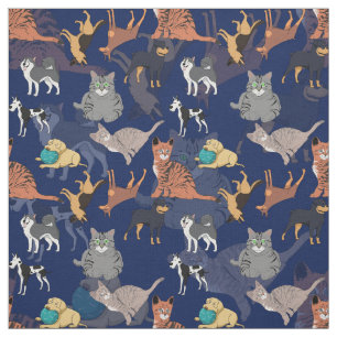 Tela Diseño de patrón de gatos y perros sobre azul