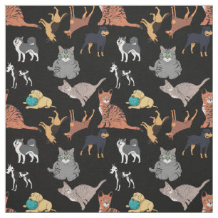 Tela Diseño de patrón de gatos y perros sobre negro 