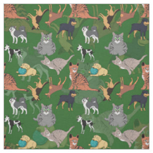 Tela Diseño de patrón de gatos y perros sobre verde 