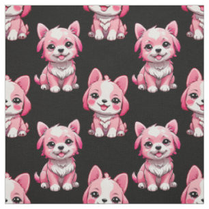 Tela Diseño de patrón de perro de cachorro rosa - negro