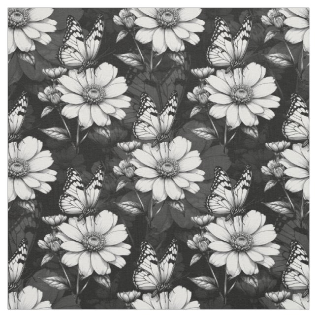 Tela Diseño de patrones de flor de mariposa - Negro (Retal)