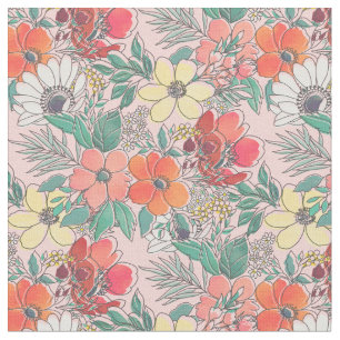 Tela Diseño dibujado mano floral rosada femenina linda