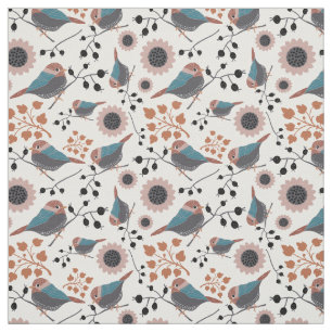 Tela Diseño floral con patrones de aves y cerezos