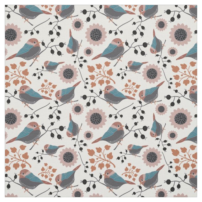 Tela Diseño floral con patrones de aves y cerezos (Retal)