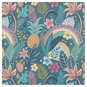 Tela Diseño floral de jungla boho y piña tropical