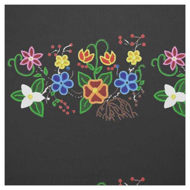 Tela Diseño floral ojibwe con fondo negro (Retal)