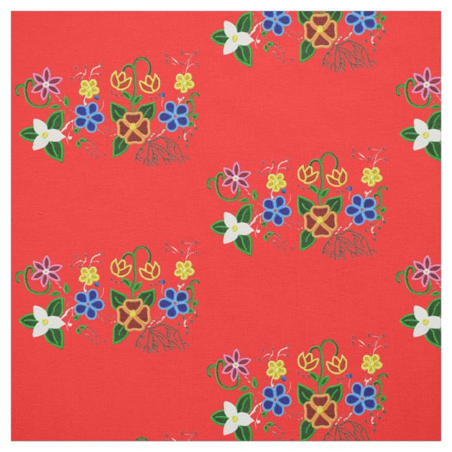 Tela Diseño floral ojibwe con fondo rojo (Retal)