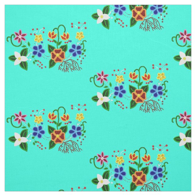 Tela Diseño floral ojibwe con fondo turquesa (Retal)