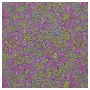 Tela Diseño floral retro morado y verde