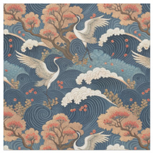 Tela Diseño Japonés Grulla y Flor de Cerezo Chinoiserie