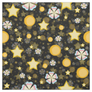 Tela Diseño negro con estrellas de sol y flores brillan