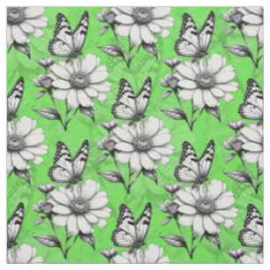 Tela Diseño verde de patrón de mariposa en flor