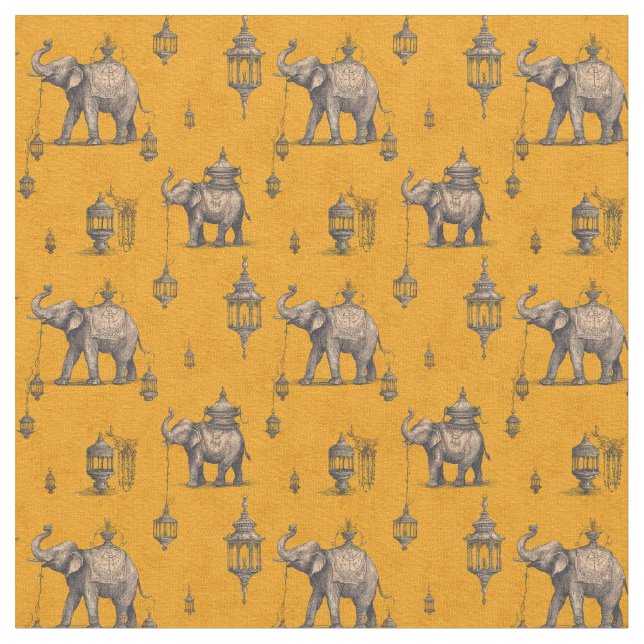 Tela Diwali Elephant in Golden Field Toile de Jouy  (De cerca)