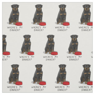 Tela ¿Dónde está mi cena? Rottweiler con plato de perro