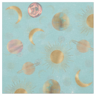 Tela Dorado Sun Moon Planetas Espacio ilustracion Azul