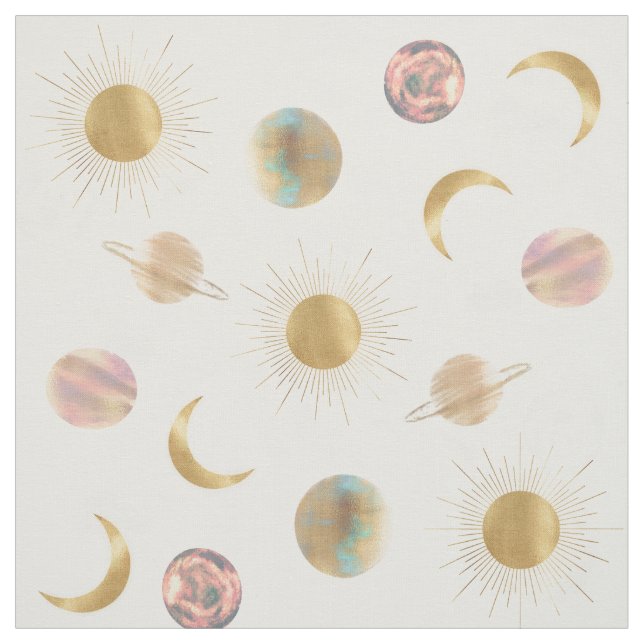 Tela Dorado Sun Moon Planetas Espacio ilustracion Blanc (Retal)