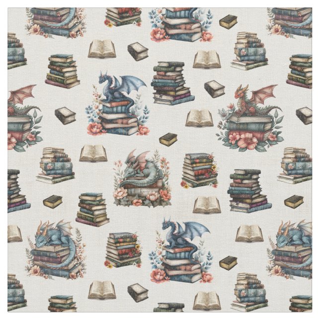 Tela Dragones Mágicos & Libros sobre Beige (De cerca)