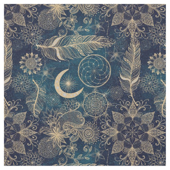 Tela Dreamcatcher Feathers Mandala, Purpurina de oro de (De cerca)