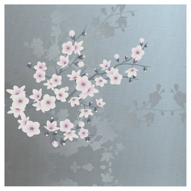 Tela Dusky Pink Griyish Blue Cherry Blossom Pattern Fab (De cerca)