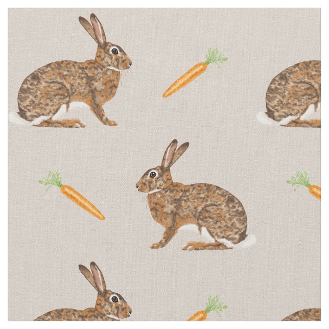 Tela Easter Spring Hare Bunnies And Carrots On Beige (De cerca)