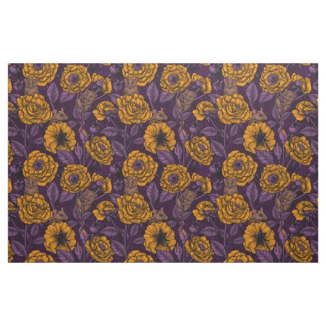 Tela El fiesta de ratones en naranja y violeta ("Cuarto gordo" (fat quarter))