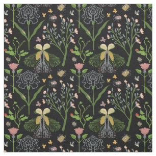 Tela el jardín florece, las mariposas, saltamontes,