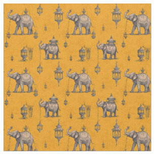 Tela Elefante Diwali en Campo Dorado Toile de Jouy