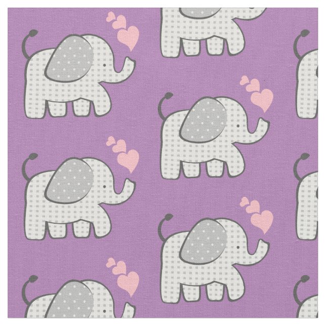Tela Elefantes de Gingham y corazones rosados (De cerca)