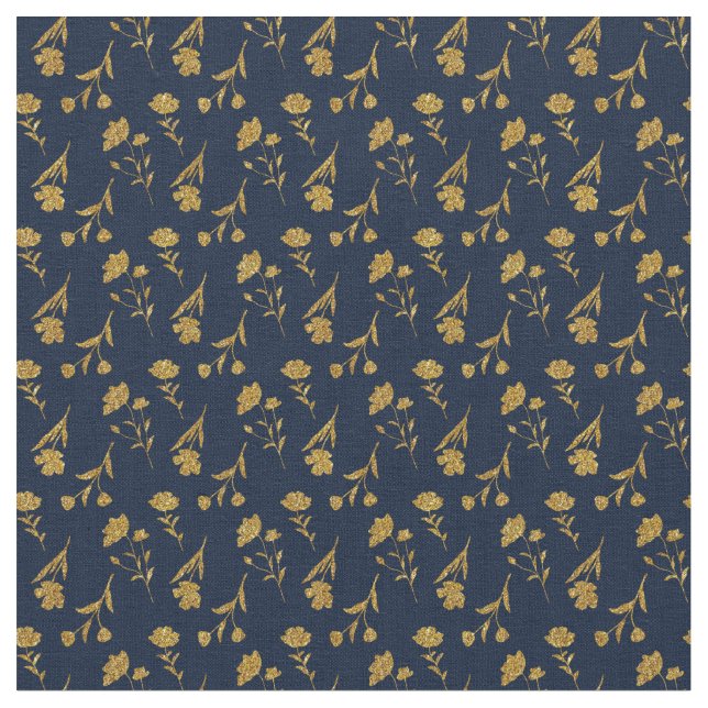 Tela Elegant Navy Blue Gold Floral Seamless Pattern (De cerca)