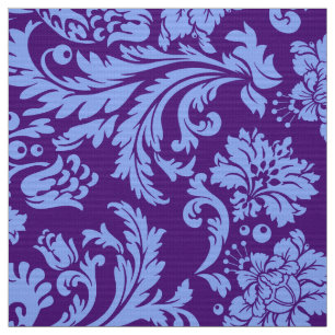 Tela Elegante Damasco Floral Azul y Morado en Polvo