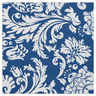 Tela Elegante Damasco Floral Blanco y Azul de la Marina