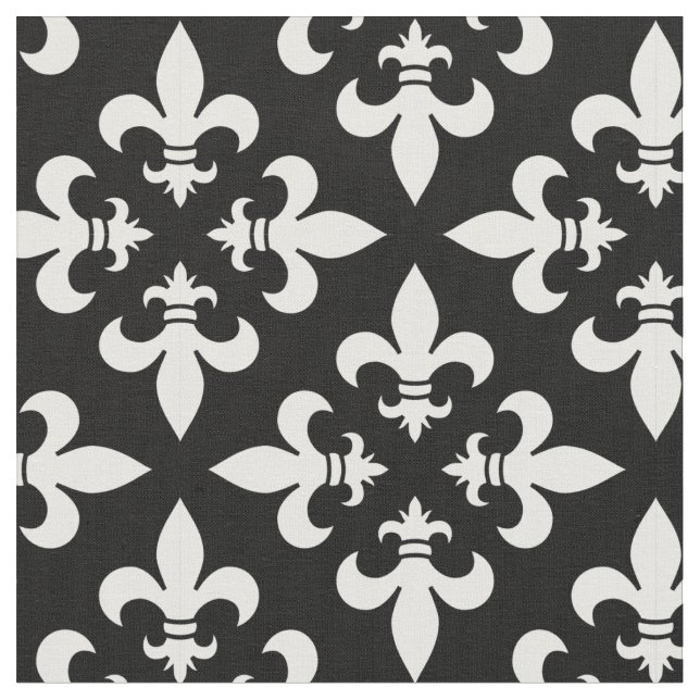 Tela Elegante Fleur de Lis francés blanco y negro (De cerca)