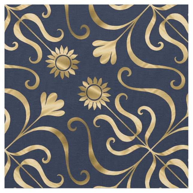 Tela Elegante Marina Floral Damask Azul y Girasol Oro (De cerca)