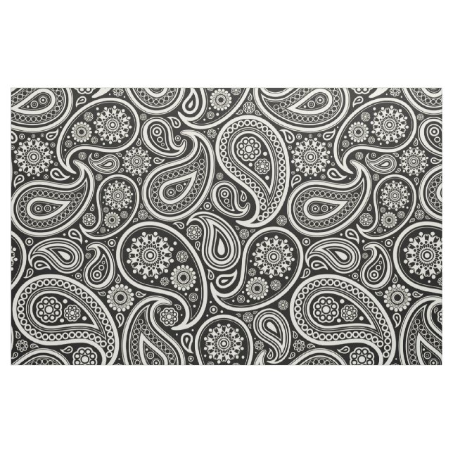 Tela Elegante paisley blanca sobre fondo negro ("Cuarto gordo" (fat quarter))