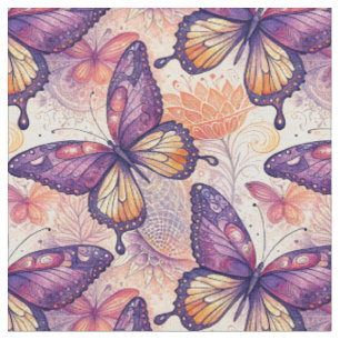 Tela Elegante patrón floral de mariposa botánica púrpur