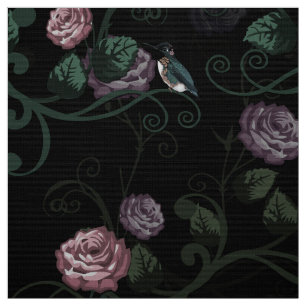 Tela Elegante Rosa De Flores Oscuras Jardín Con Colibrí