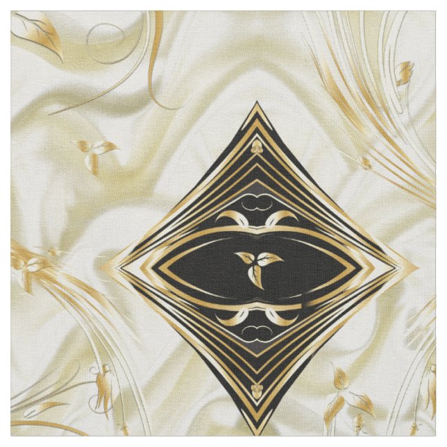 Tela Elegante seda champán y flores abstractas de oro F (De cerca)