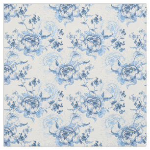 Tela Elegantes Peonies con grabado azul y blanco