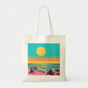 Tela Escena de playa con bolso de té retro.