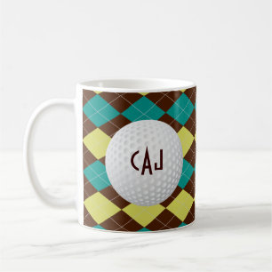 Tela escocesa con la pelota de golf, taza de café