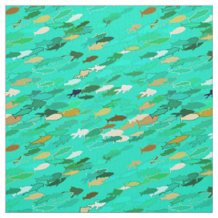 Tela Escuela de Pescado, Aqua, Verde y Oro