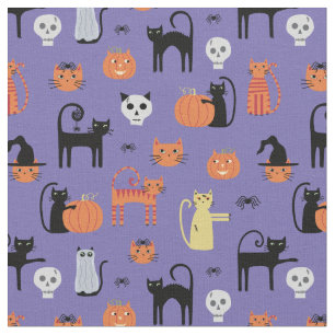 Tela Espeluznante Patrón de gato de Halloween Púrpura