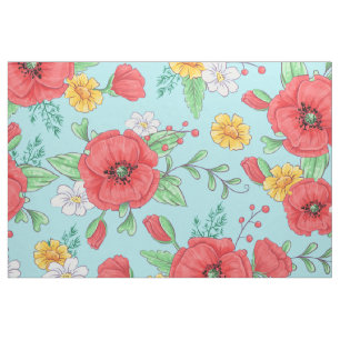 Tela Espías rojas y margaritas amarillas estampado flor