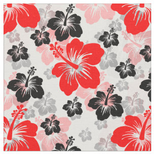 Tela Estampa floral de hibisco tropical rojo negro 