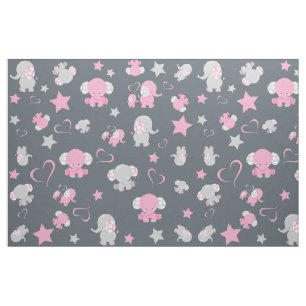 Tela Estampado de elefante bebé rosa y gris