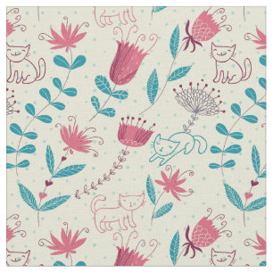 Tela Estampado de flores con los gatos del dibujo