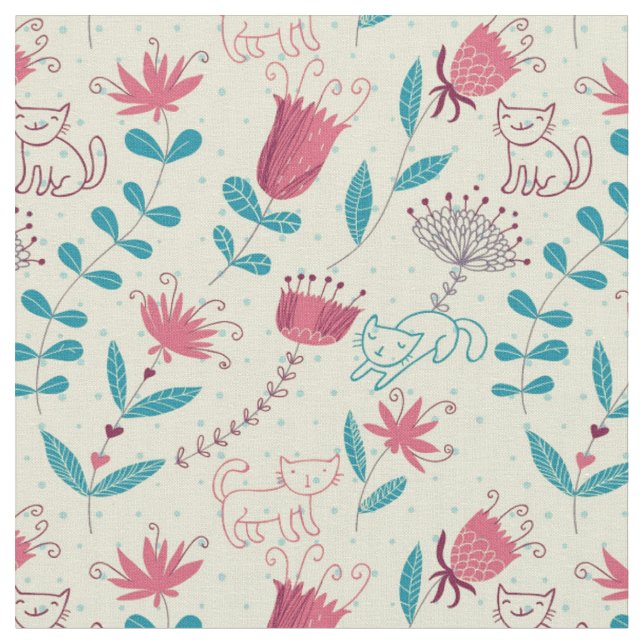Tela Estampado de flores con los gatos del dibujo (De cerca)