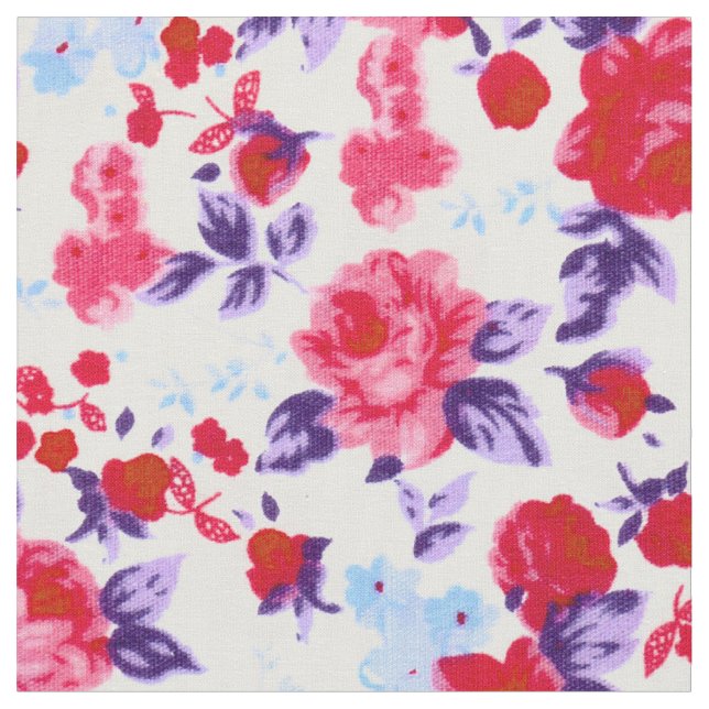 Tela Estampado de flores rojo, púrpura, y rosado (De cerca)