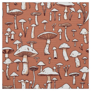 Tela Estampado de hongos en marrón terracota